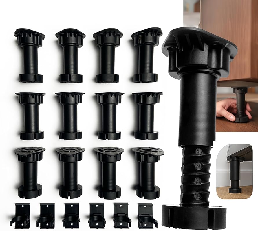 Adjustable furniture levelers for desks, shelves, and bed frames with 
