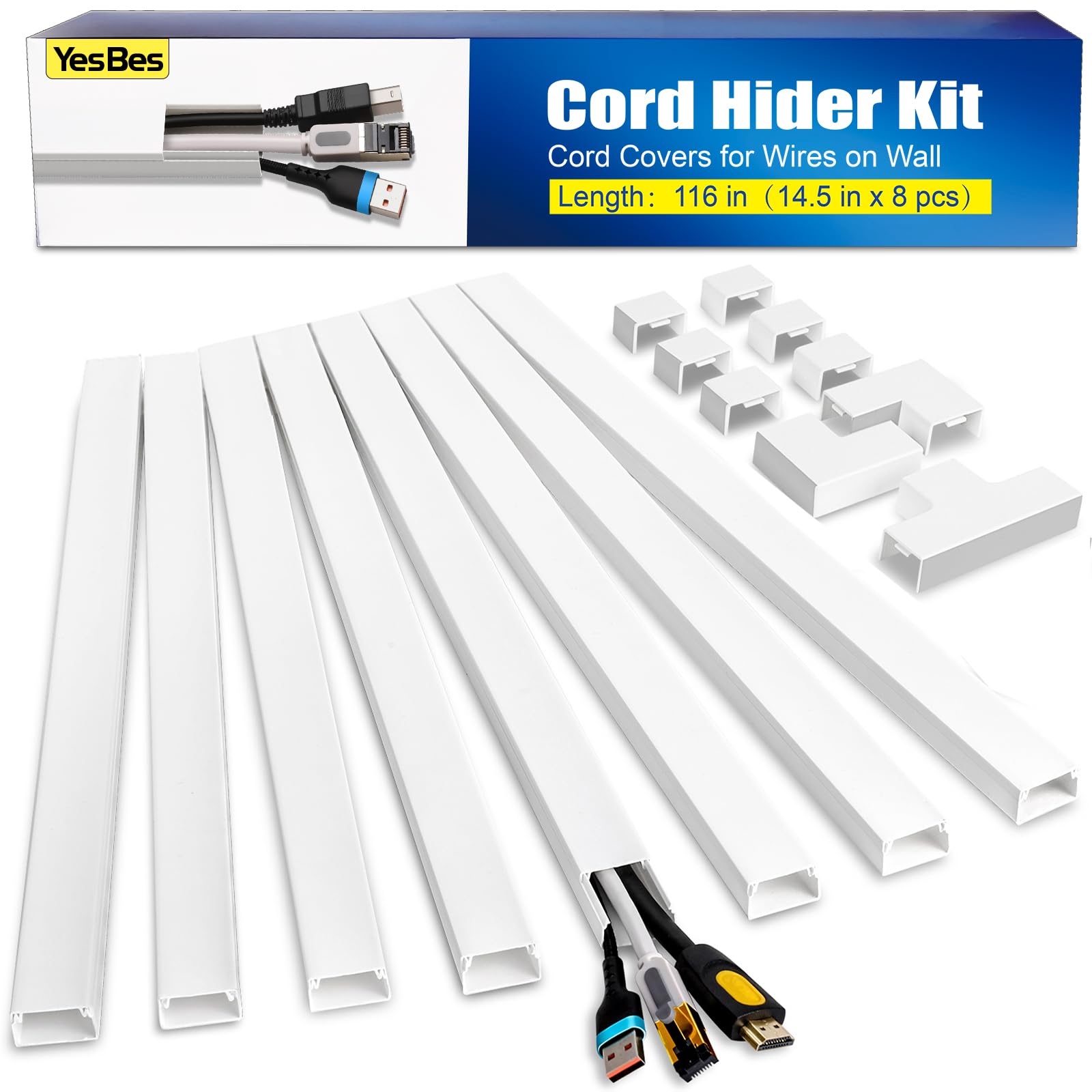 116in Cord Hider Kit, Cord Covers for Wires on Wall, Paintable Cable Raceway, Cord Hider for Wall Mo