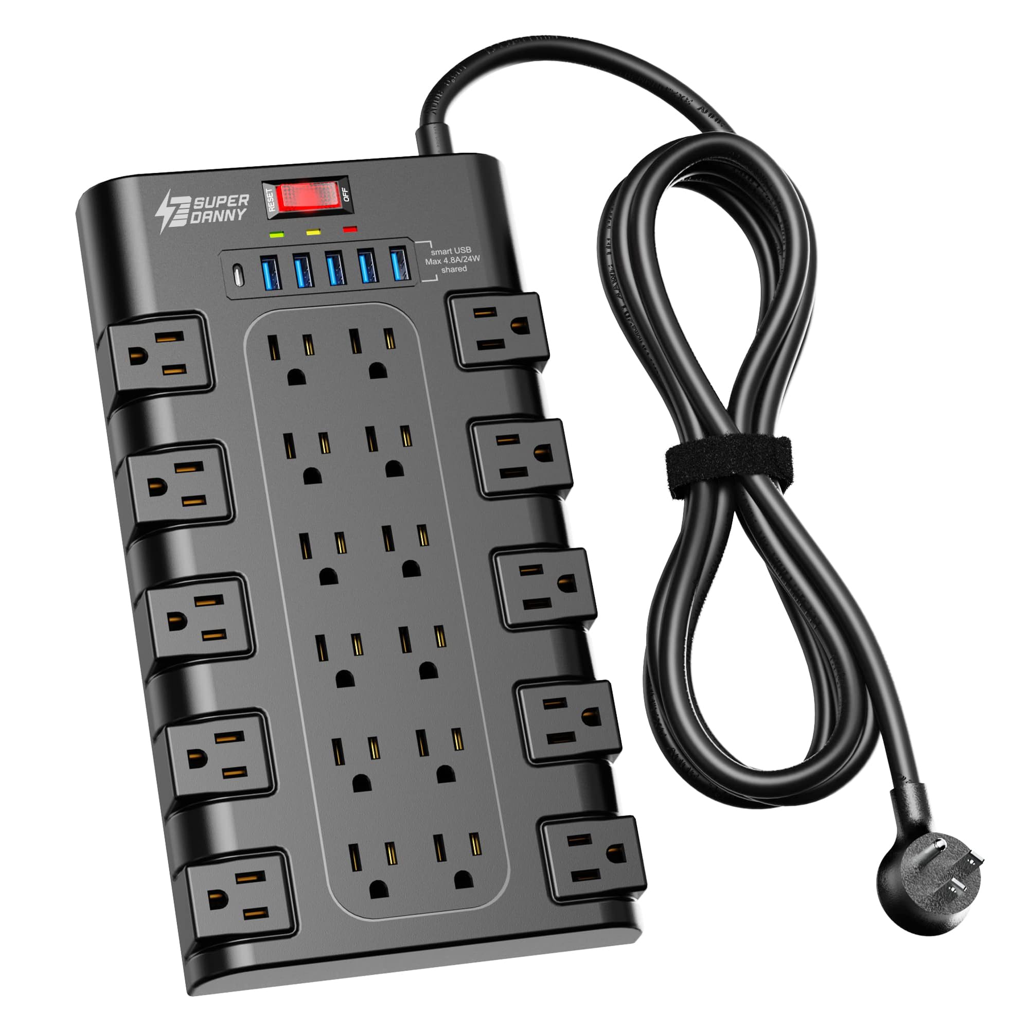 Power Strip, SUPERDANNY Surge Protector with 22 AC Outlets and 6 USB Charging Ports, 1875W/15A, 2100