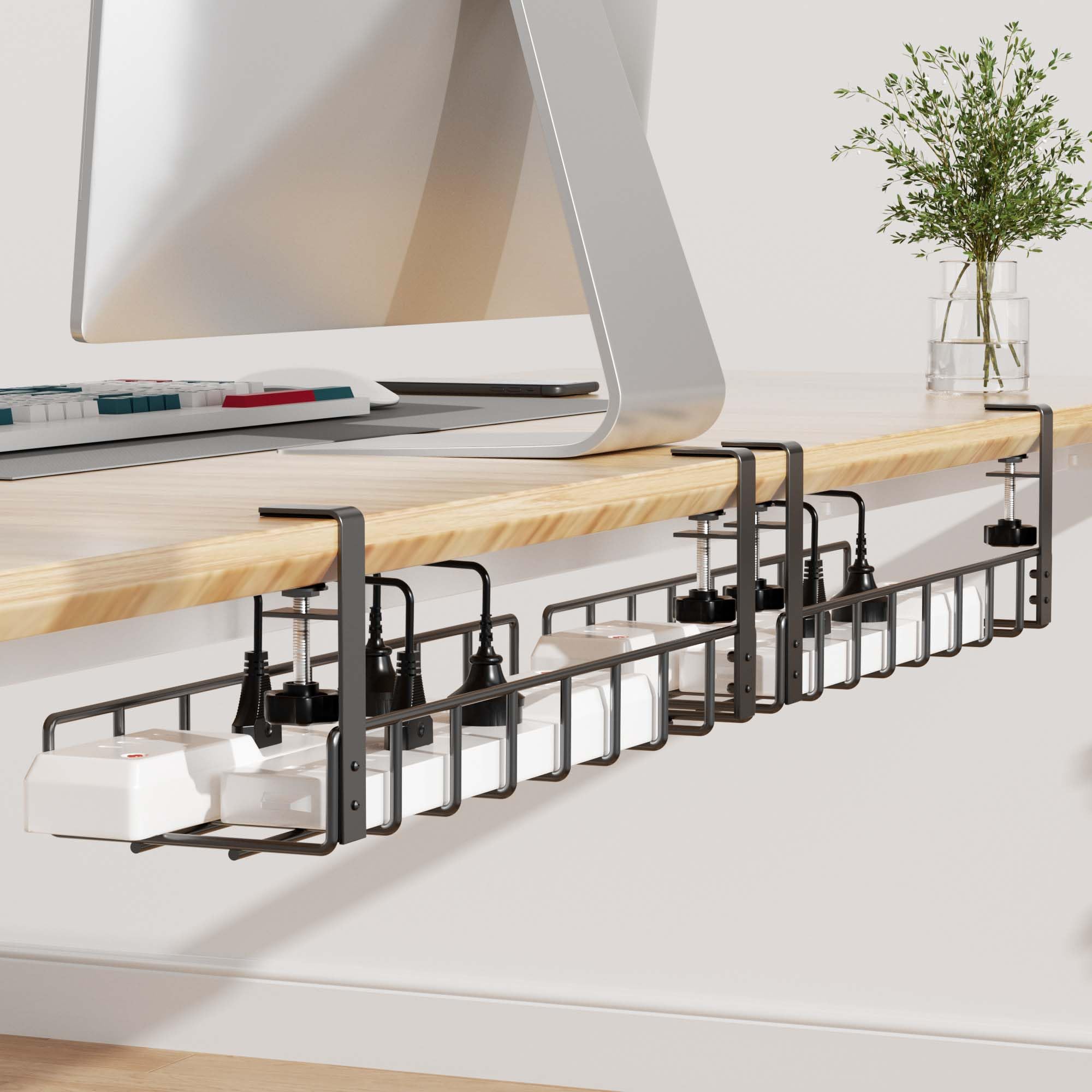 2 Pack Cable Management Under Desk Tray, 31.4" No Drill Under Desk Wire Management with Upgraded Cla