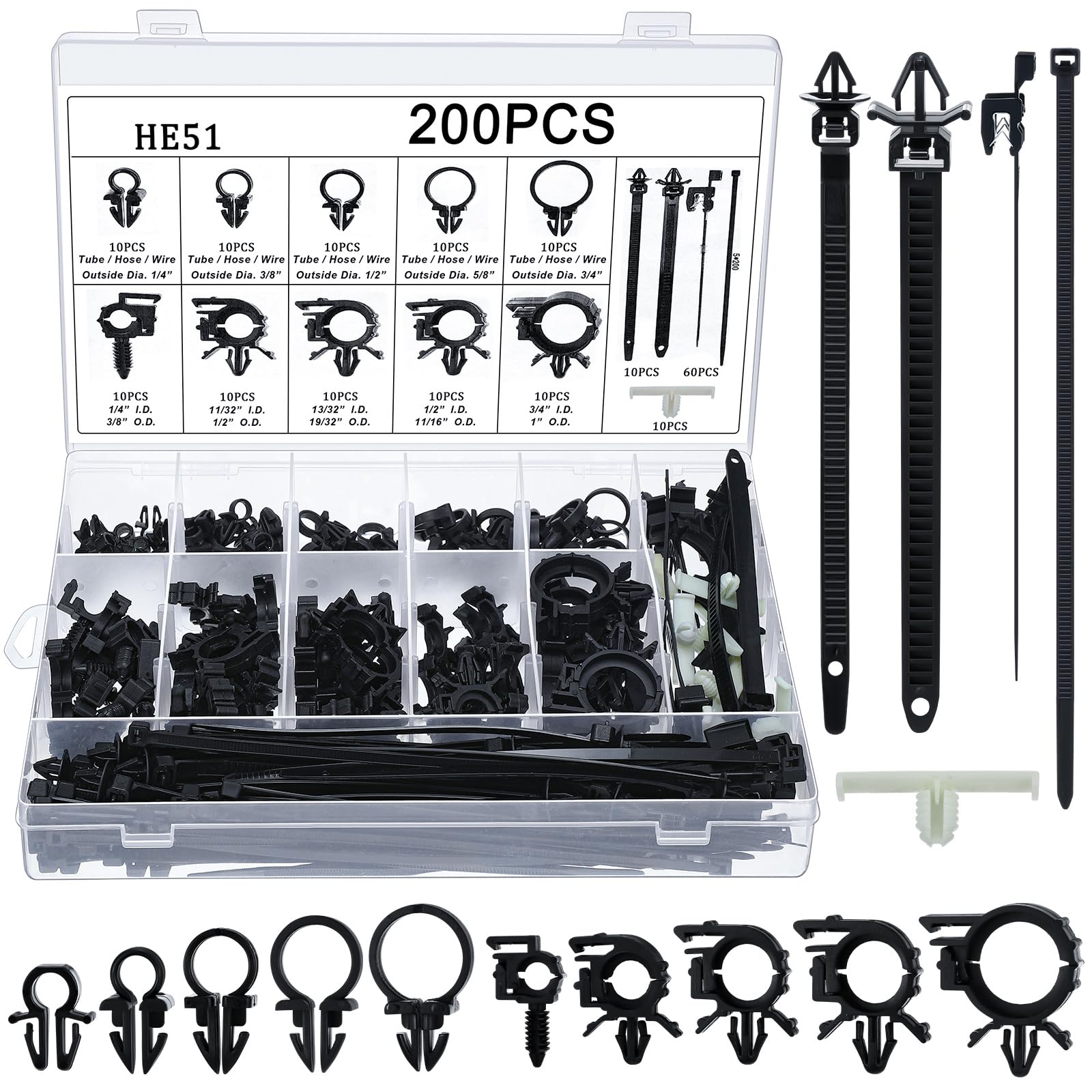 200pcs Car Wire Loom Routing Clips Push Mount Cable Tie Assortment 15 Sizes Cable Zip Tie with Car W