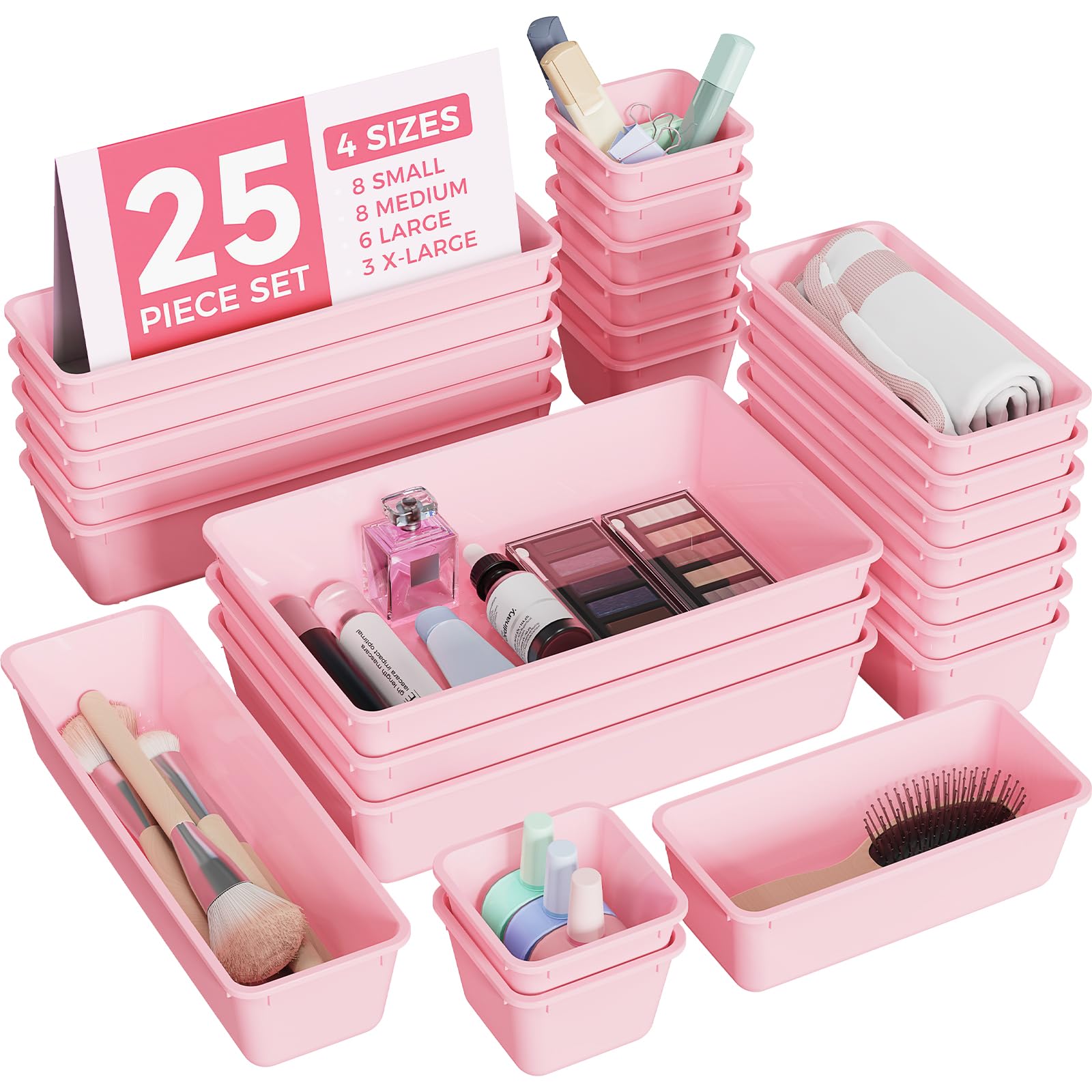 25 PCS Plastic Drawer Organizers Set, 4-Sizes Vanity and Makeup Organizer, Desk and bathroom Drawer 