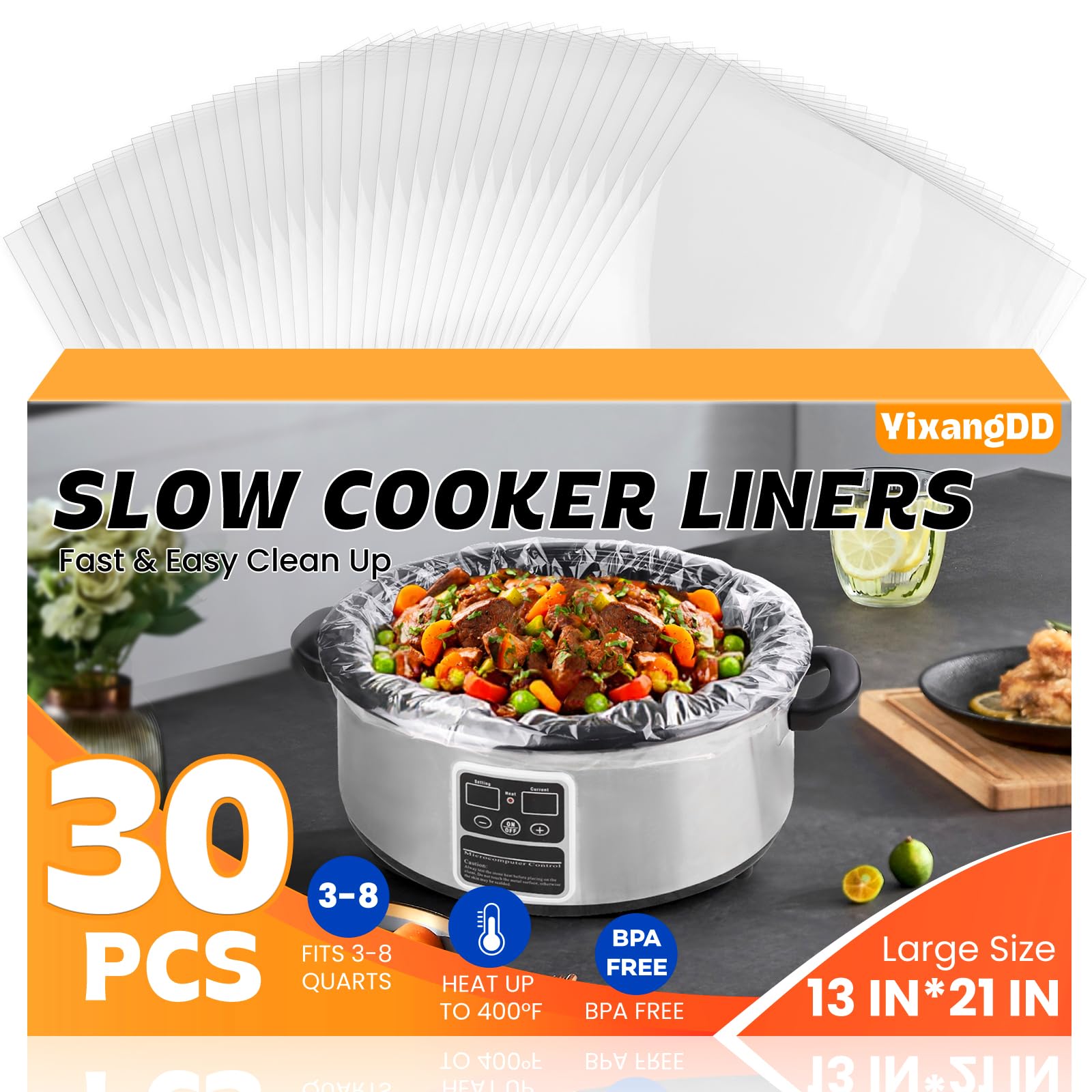30 Pack Slow Cooker Liners, Large Size 13"x 21" Cooking Bags Disposable Pot Liners, Plastic Slow Coo