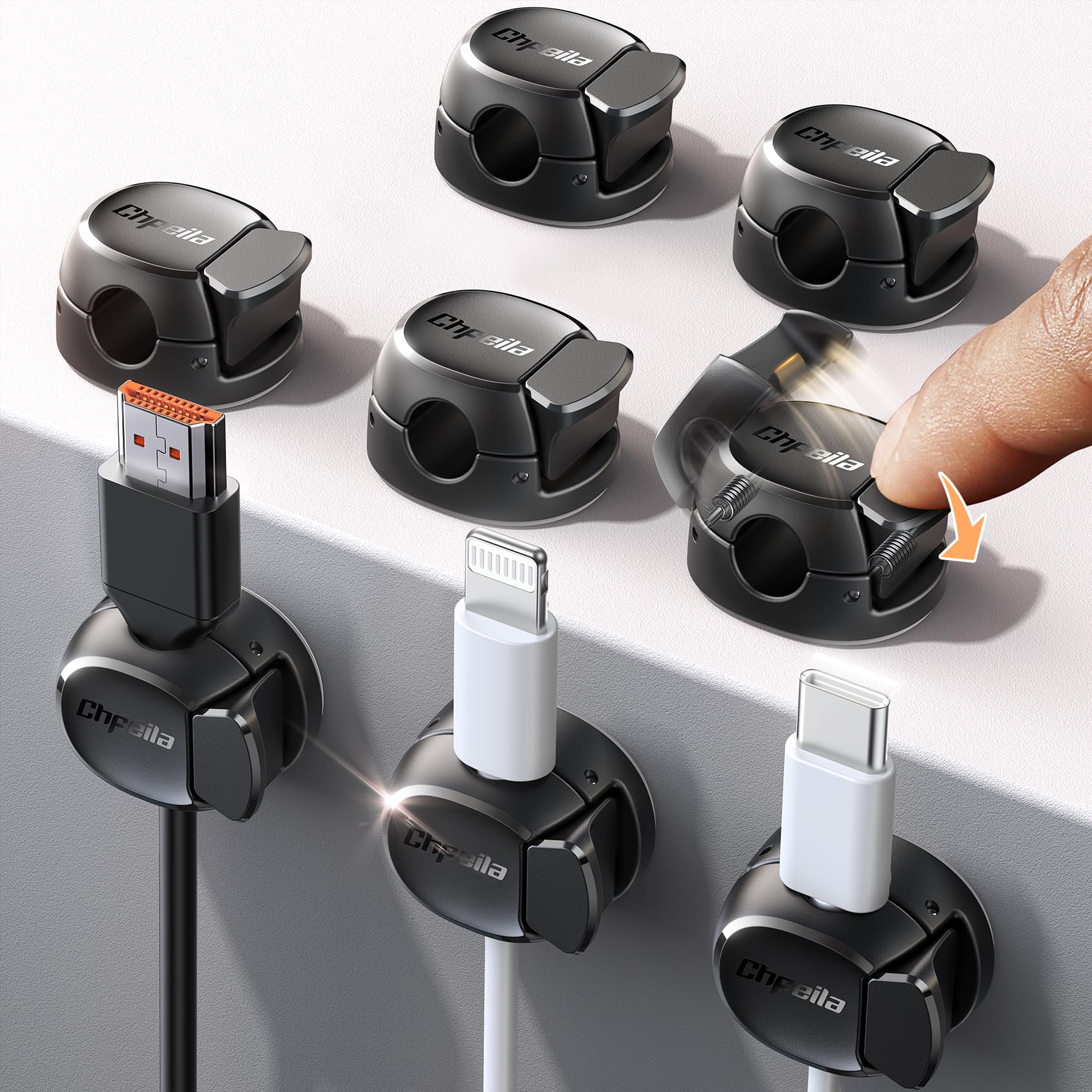 8Pack Cord Organizer [Dual Spring & Clasp, Max Secure] Cable Clips - Chfeila Cable Management, Adhes