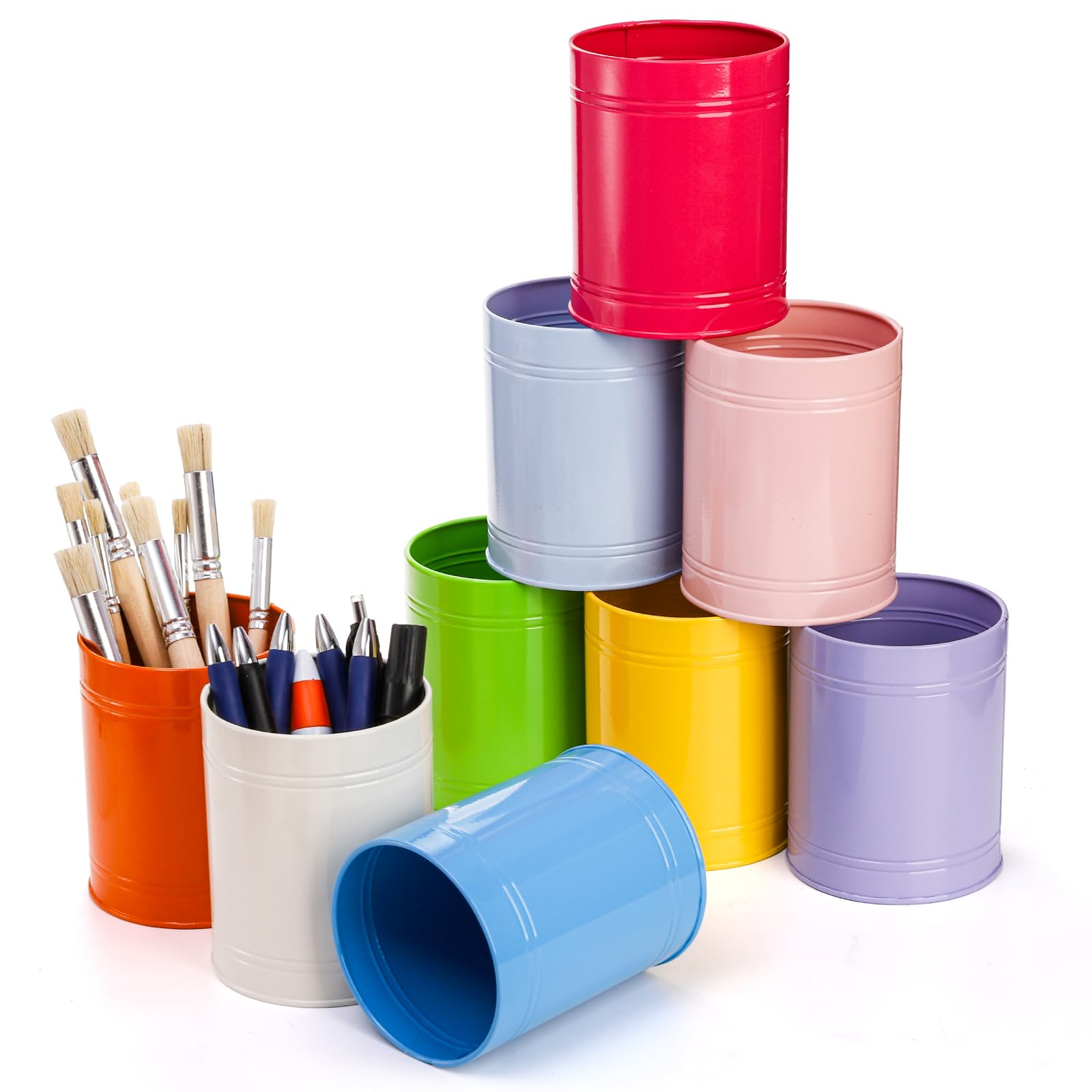 9 Pack Metal Pen Holder, Colorful Desktop Pencil Cup, Mini Stationary Supplies Buckets, Round Makeup