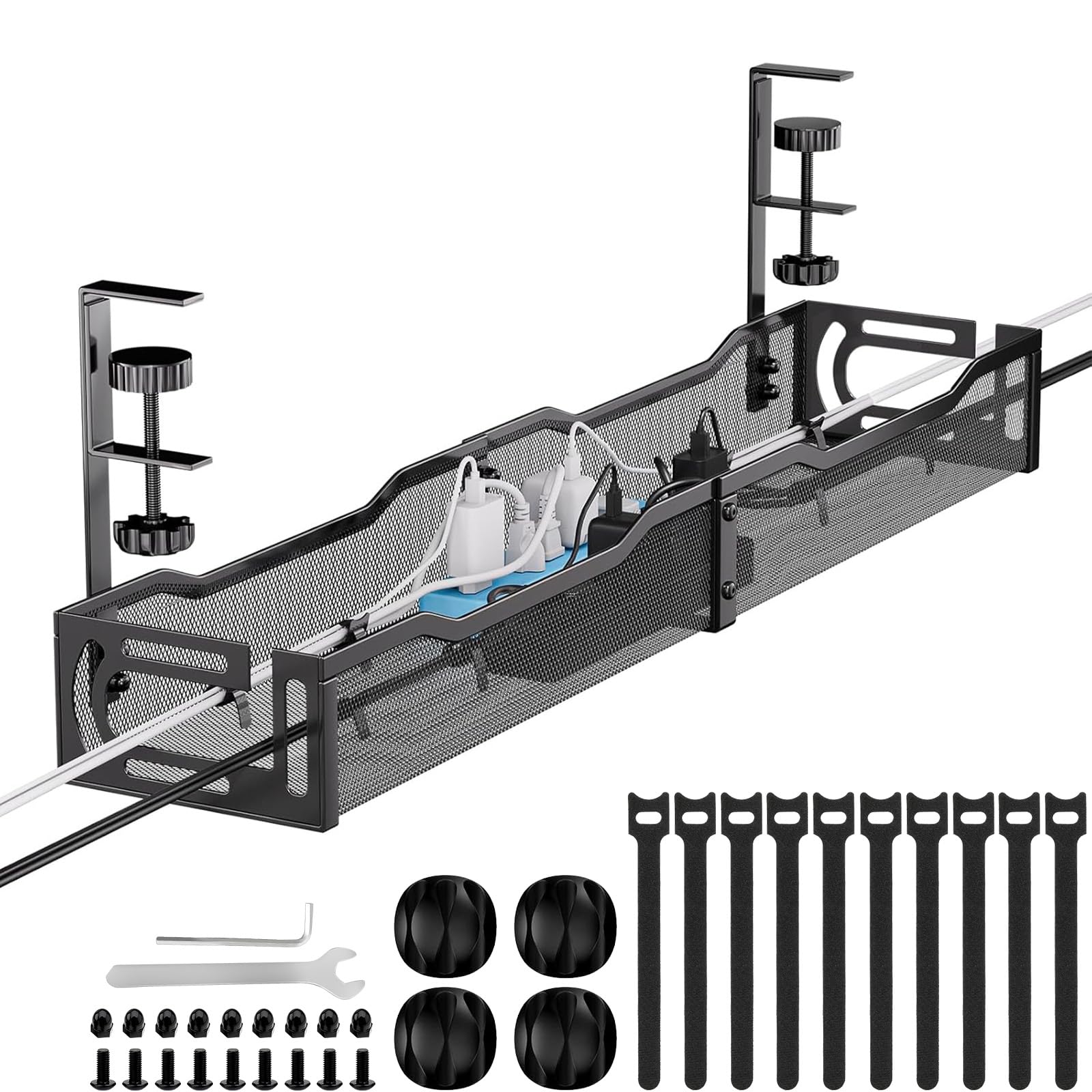 Cable Management, 25'' Cable Management Under Desk No Drill, Metal Cord Organizer with Clamp for Sta