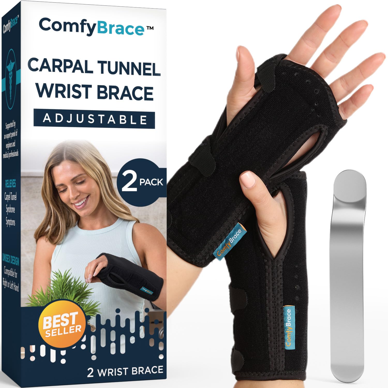 ComfyBrace® Carpal Tunnel Wrist Brace (Pack of 2) with Splint and Palm Cushion - (Adjustable and Fit