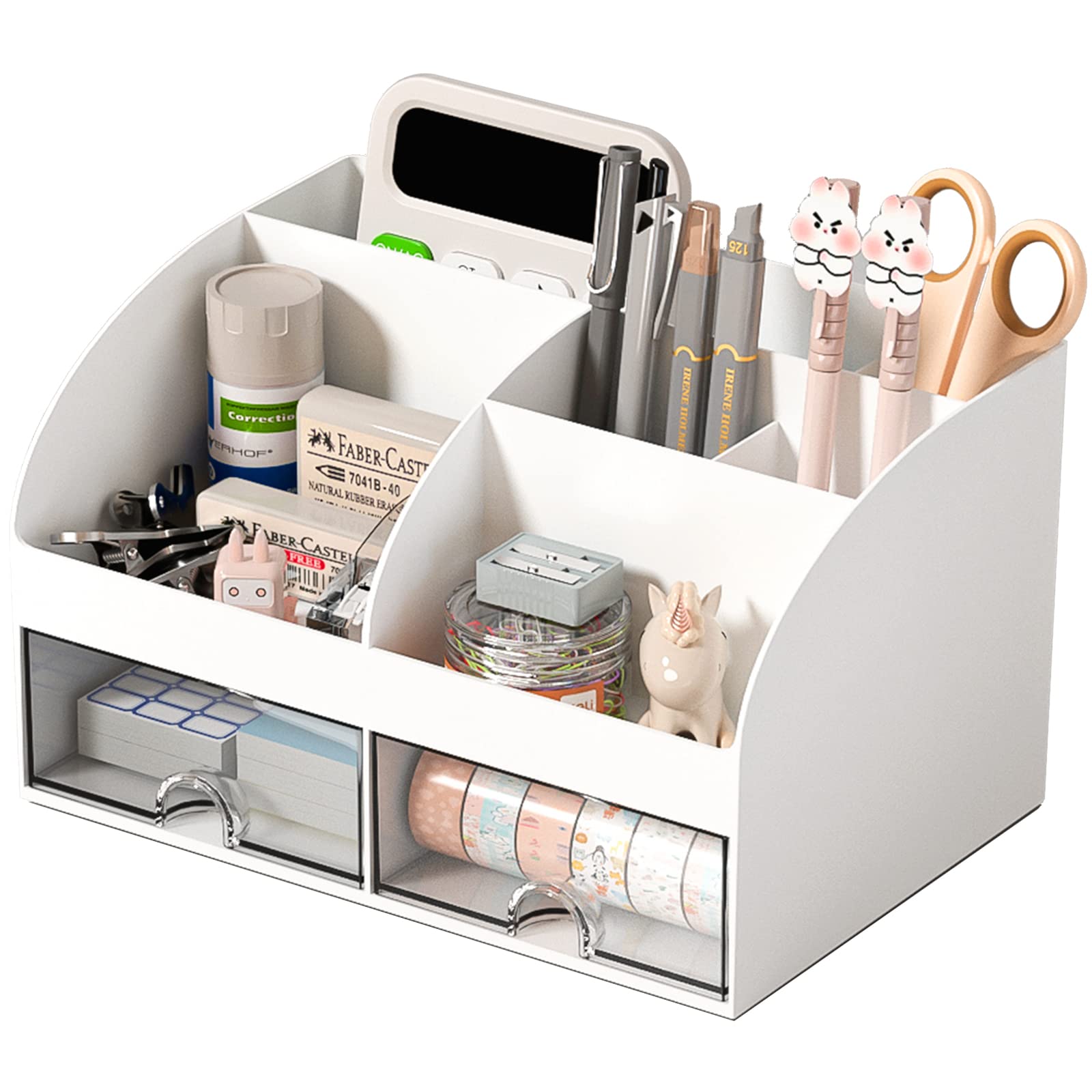 Desk Organizer with 6 Compartments and 2 Drawers, Plastic Makeup Organizer, Pen Holder for Desktop S