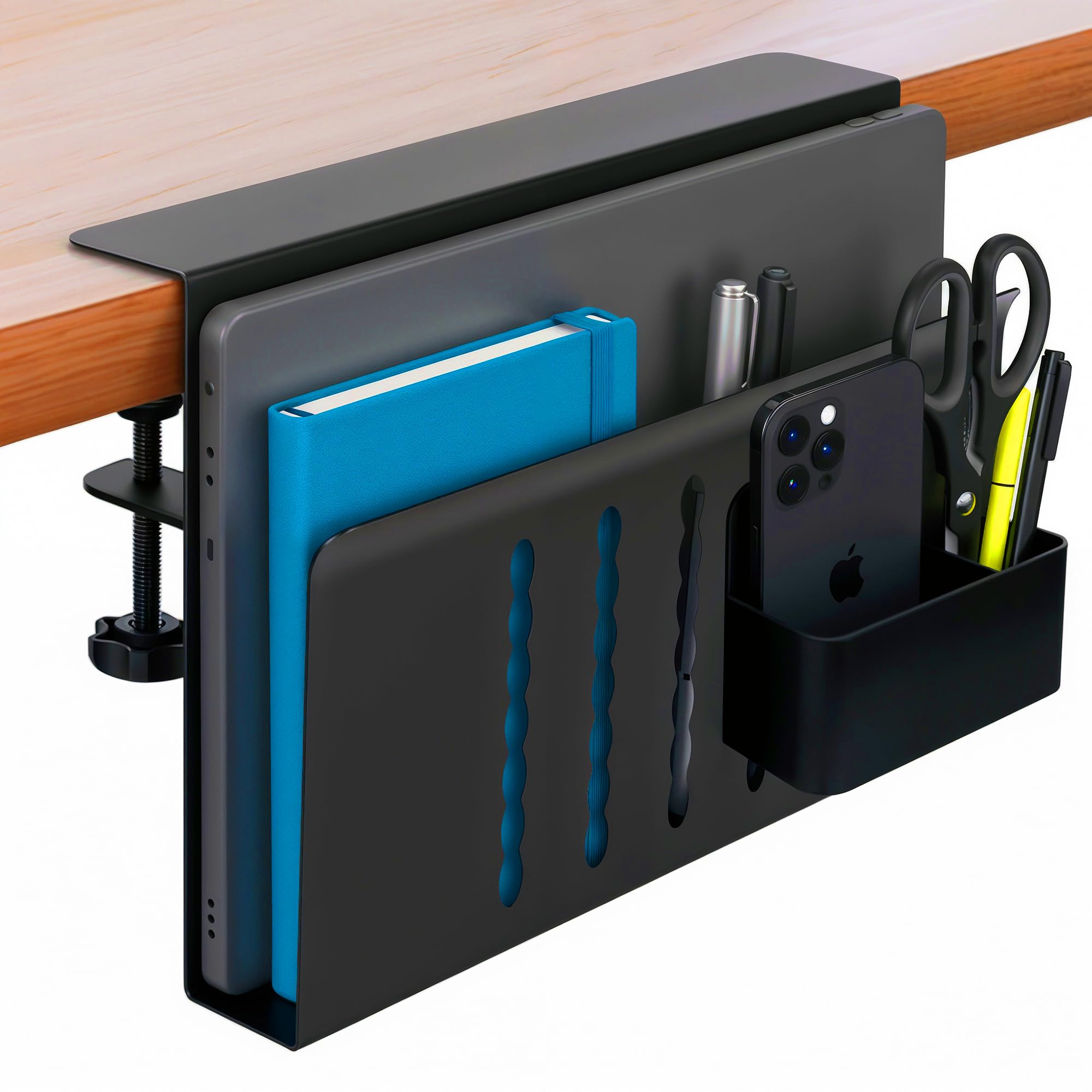 Desk Side Storage, Steel Side Desk Organizer, Clamp on Laptop Mount with Magnetic Pen Holder, No Dri