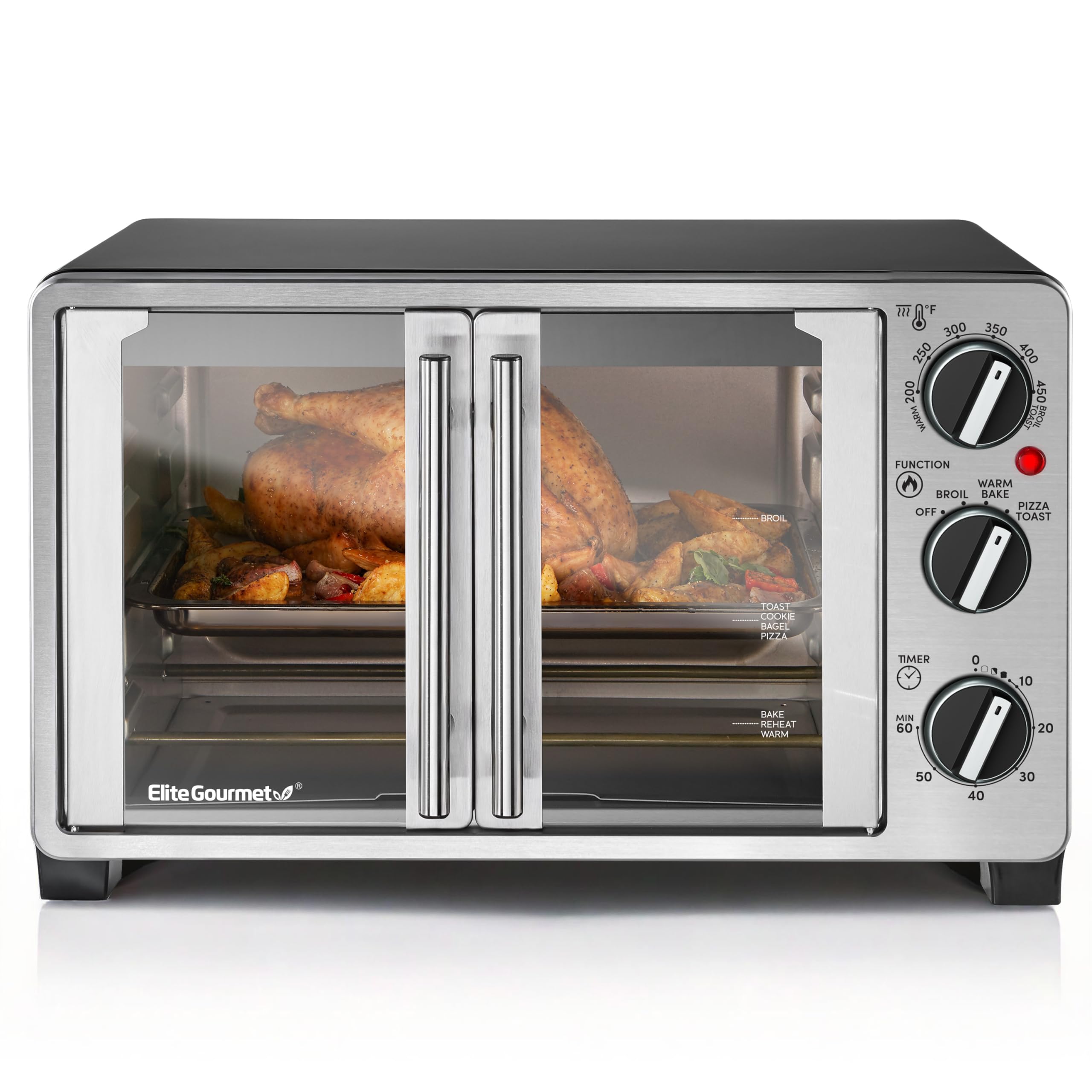 Elite Gourmet ETO2530M Double French Door Countertop Toaster Oven, Bake, Broil, Toast, Keep Warm, Fi