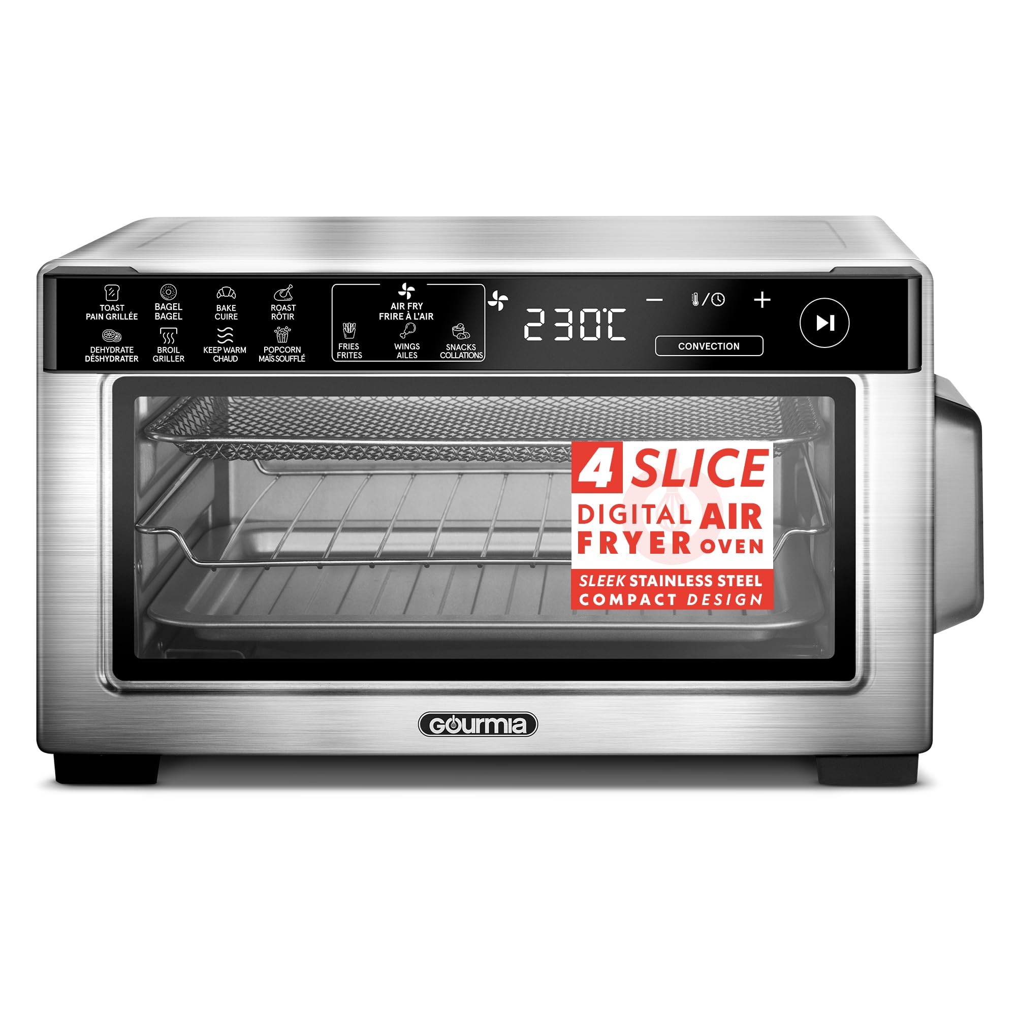Gourmia Toaster Oven Digital Air Fryer - Convection Mode with 4 Slice Capacity, 3 Rack Positions, 12