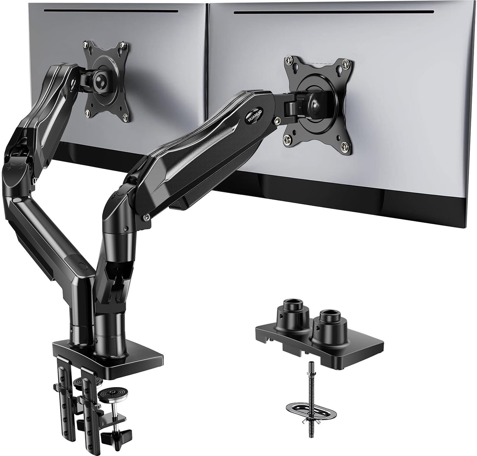 HUANUO Dual Monitor Stand, Fully Adjustable Gaming Monitor Desk Mount for 13–32″ Computer Screens, F
