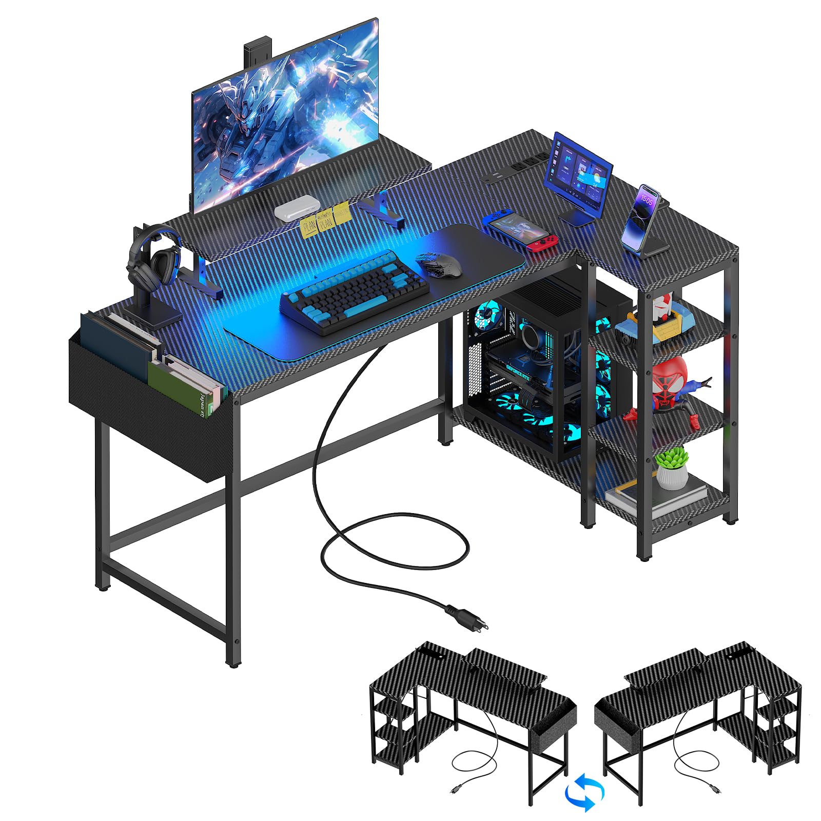 L Shaped Gaming Desk with LED Lights & Power Outlet, 40" Reversible Computer Desk with Adjustable Mo