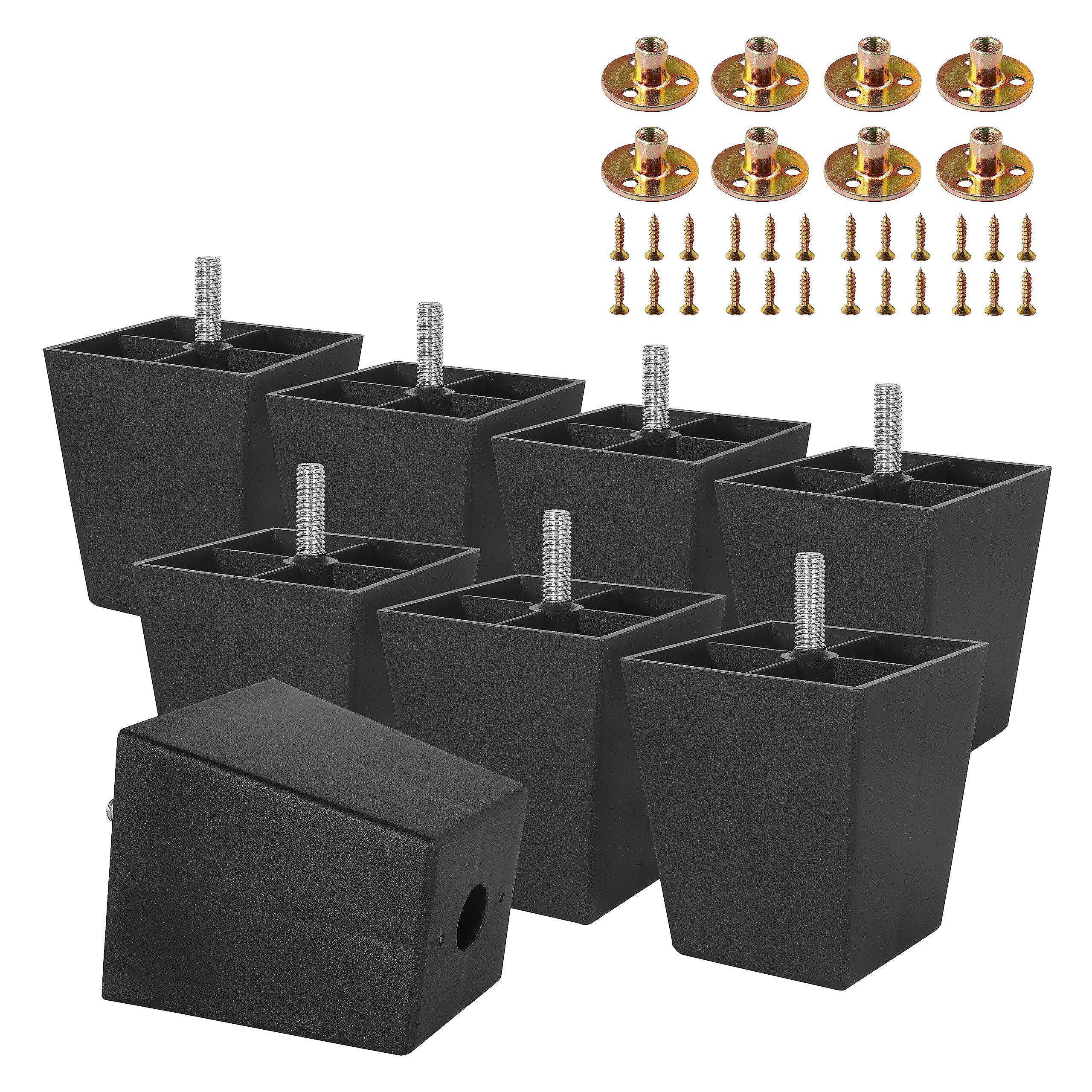 M8-1.25 Metric Thread Bolts Plastic Furniture Legs 3 Inch Black Square Sofa Feet with Plate Nuts - C