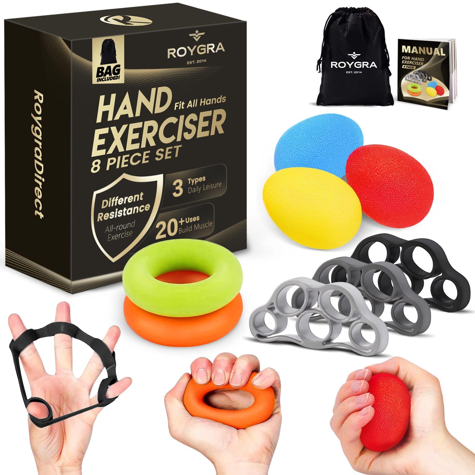 roygra Grip Strength Trainer (8 Pack), Forearm Strengthener, Stress Balls for Adults, Hand Strengthe