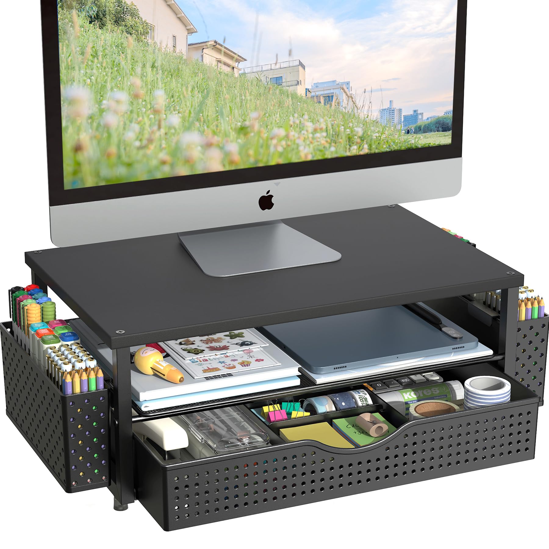 Spacrea Desk Organizer and Accessories, Computer Monitor Stand Riser with Drawer and 2 Pen Holders, 