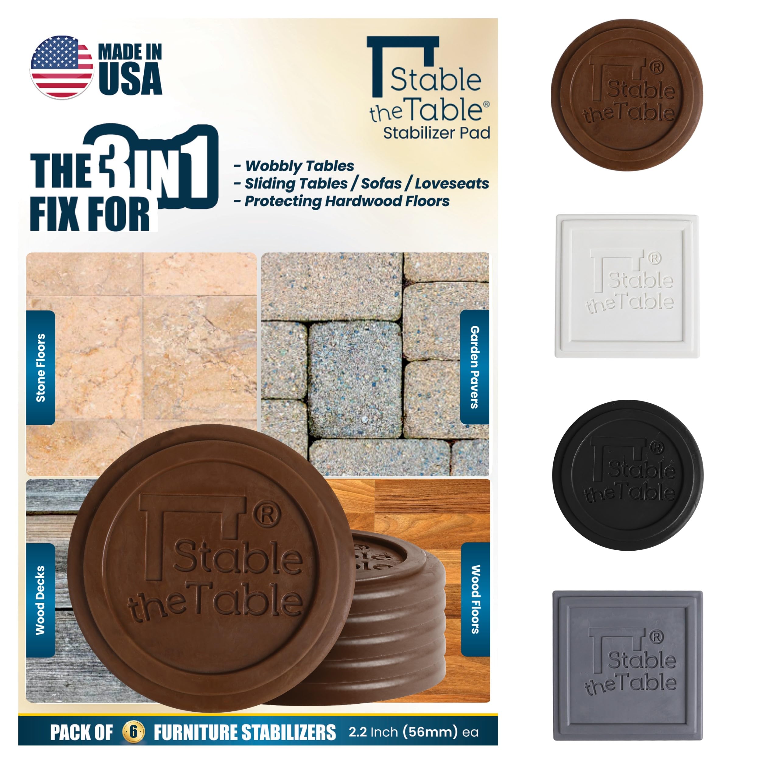 Stable the Table-6 Pack-Walnut Round, Furniture Leveler & Riser, Anti-Slip Sofa Gripper for Hardwood