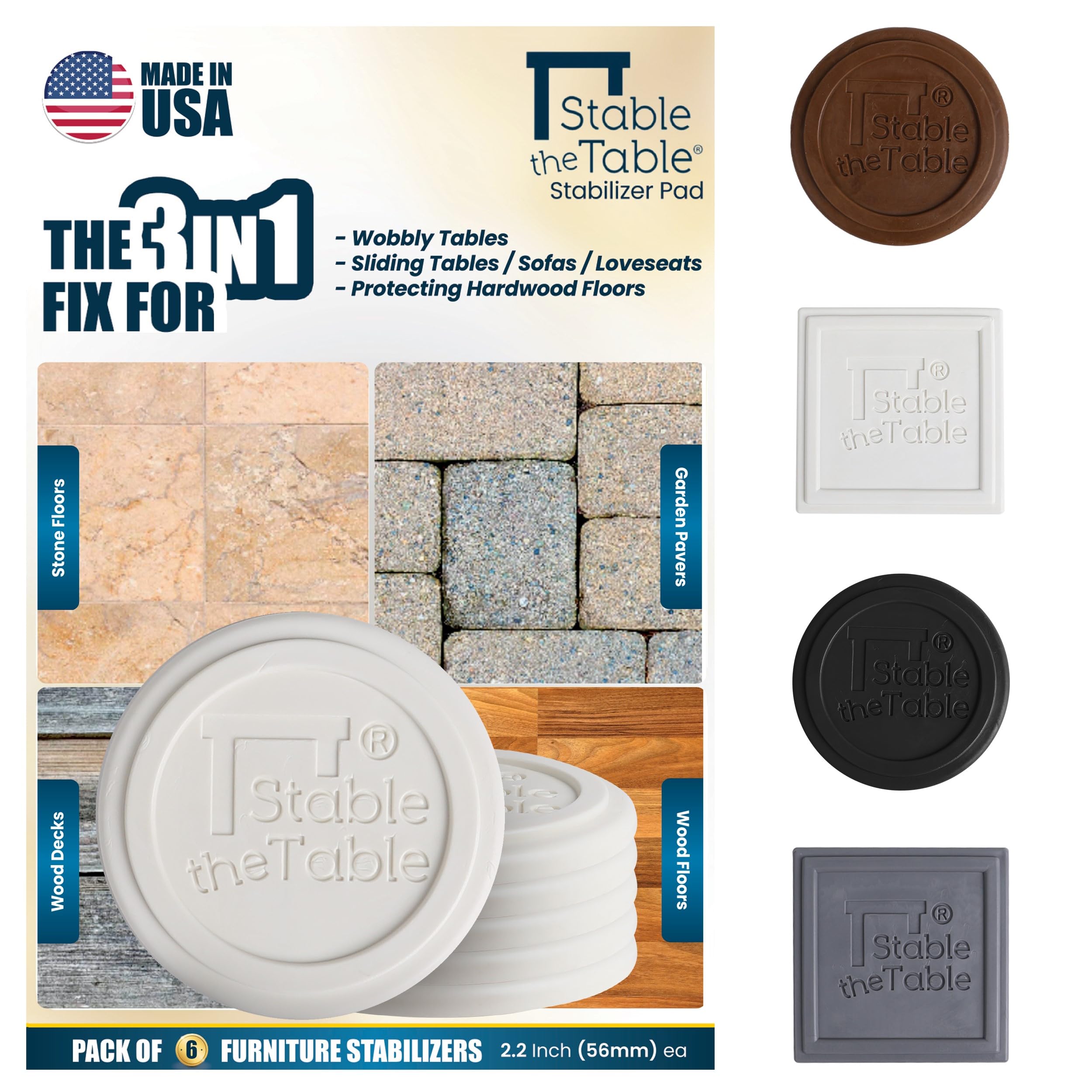 Stable the Table-6 Pack-White Round, Furniture Leveler & Riser, Anti-Slip Sofa Gripper for Hardwood 