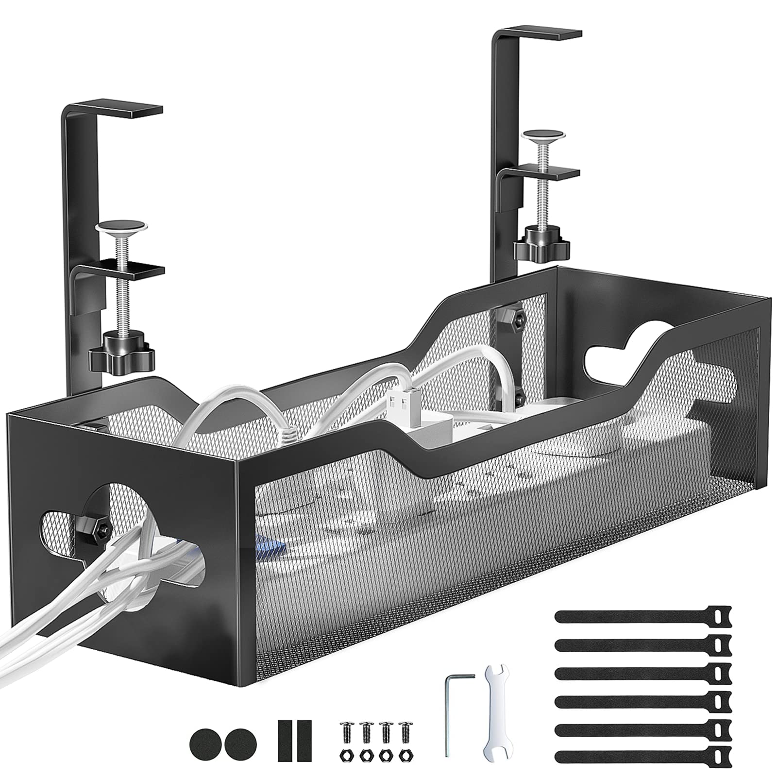 Under Desk Cable Management Tray No Drill, Metal Mesh Cable Management Under Desk with Clamp Mount, 
