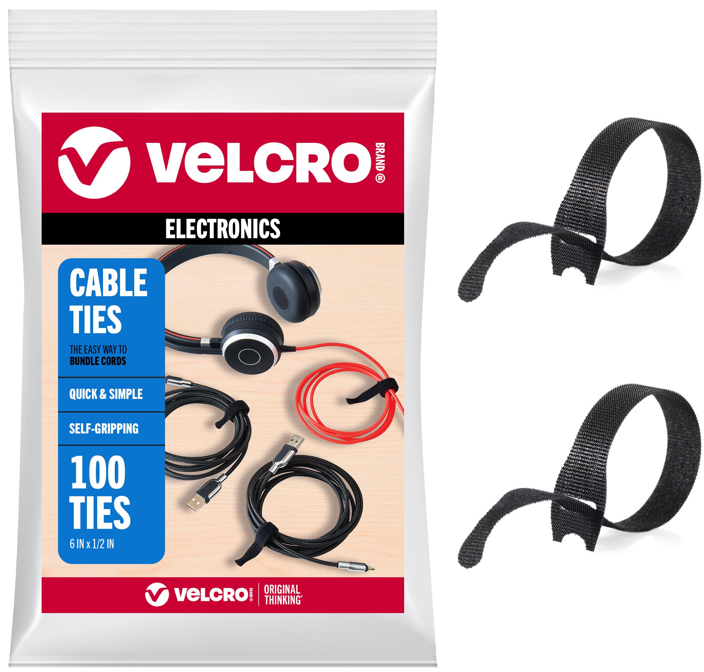 VELCRO Brand Reusable Cable Ties – Valentines Day Gifts for Men, 100 Pack 6 Inch Cable Management Ti