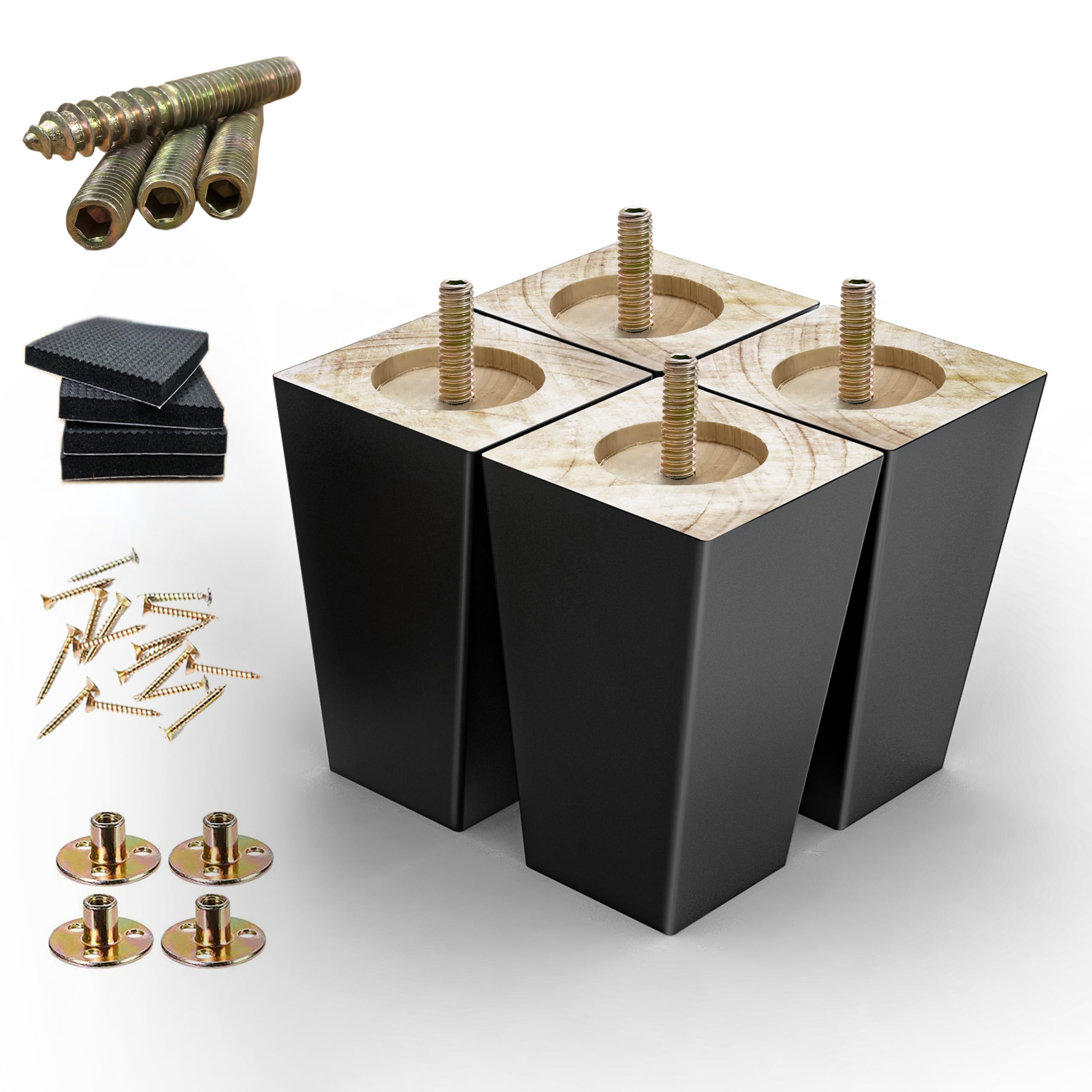 Wood Furniture Legs 4 inch Sofa Legs Pack of 4,Square Couch Legs Black Mid Century Desk Legs,Sofa Re