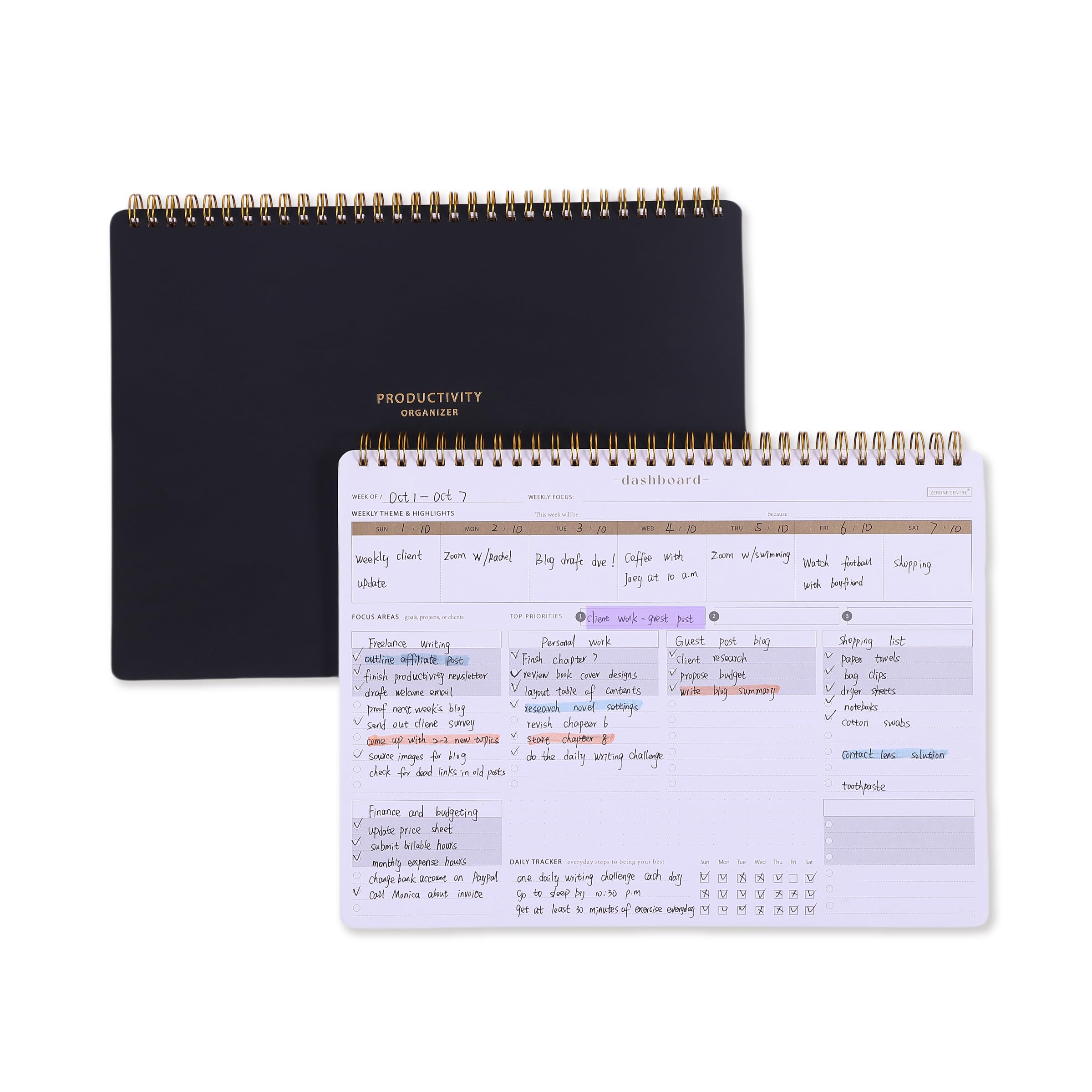 ZERONE CENTRE Productivity Weekly Planner - 54 Sheets Dashboard Spiral Deskpad Has 6 Focus Areas to 